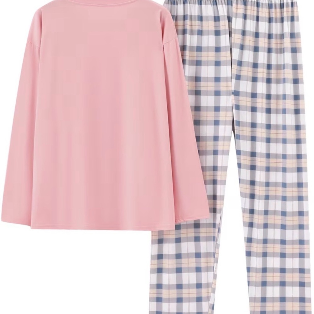 Pink Long Sleeve Top and Plaid Pants Set - Picture 2 of 3